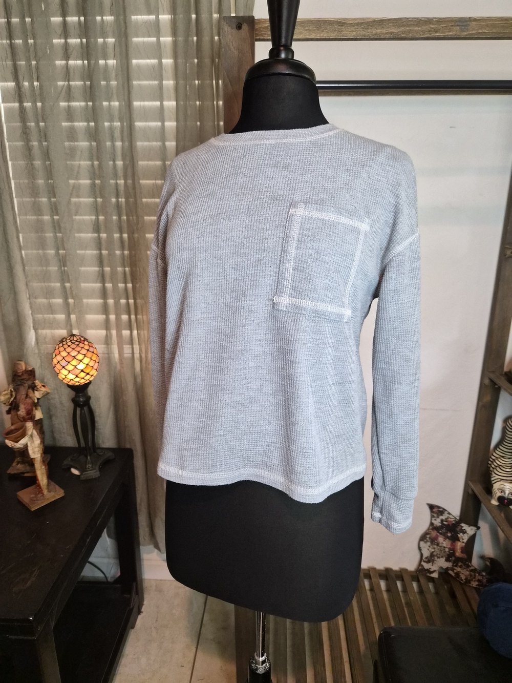 Light Blue Waffle Knit Long Sleeve Top with Pocket #0213